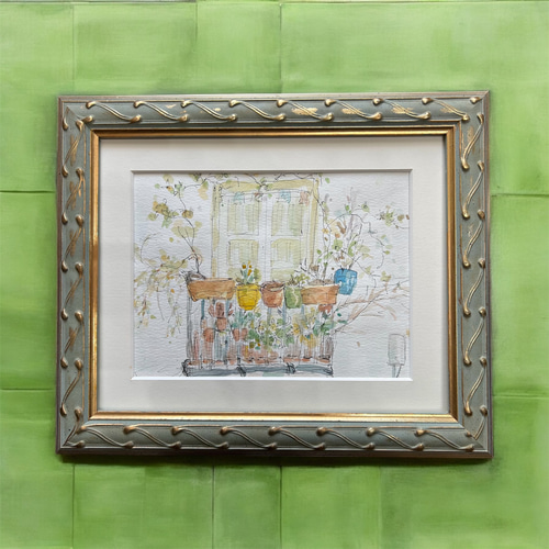 窓辺の風景（スペイン、グラナダ、原画、透明水彩、額付き） 絵画