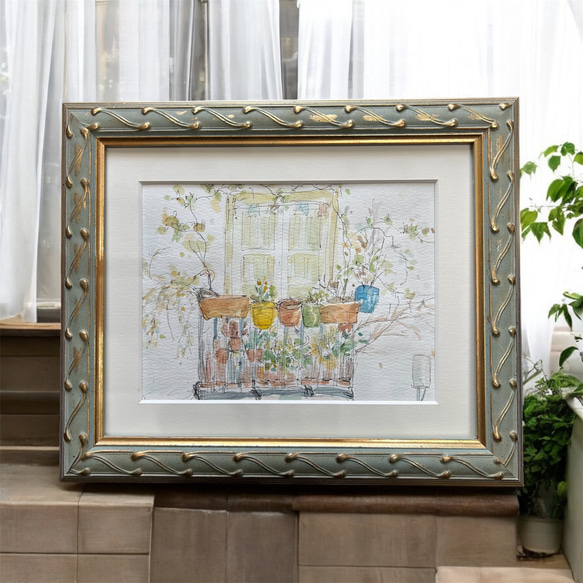 窓辺の風景（スペイン、グラナダ、原画、透明水彩、額付き） 絵画