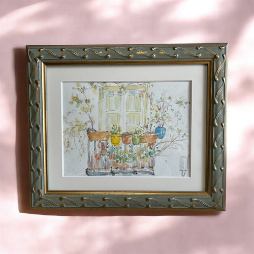 窓辺の風景（スペイン、グラナダ、原画、透明水彩、額付き） 絵画