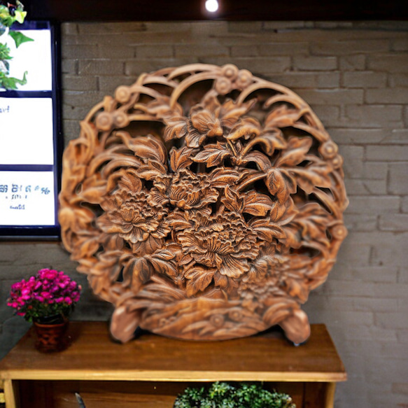 百花牡丹 （ぼたん） 参次元彫刻『極』 （アンティーク調） 透かし彫 楠彫刻 1枚目の画像
