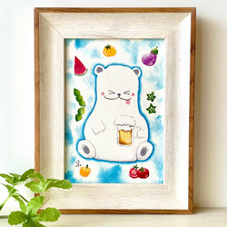 透明水彩画　A4ポスター「ビールで乾杯」イラスト　シロクマ　しろくま　夏インテリア　ギフト　スイカ　暑中見舞い　 1枚目の画像