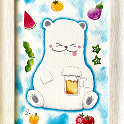 透明水彩画　A4ポスター「ビールで乾杯」イラスト　シロクマ　しろくま　夏インテリア　ギフト　スイカ　暑中見舞い　 2枚目の画像