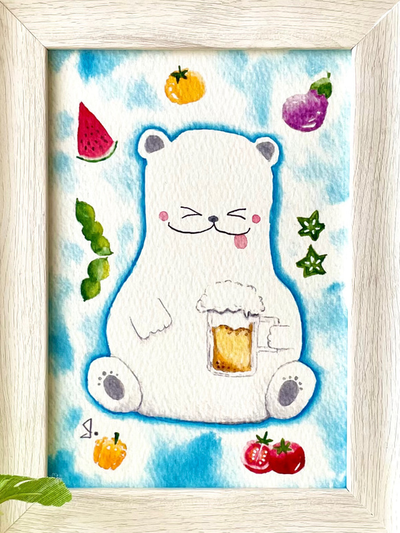 透明水彩画　A4ポスター「ビールで乾杯」イラスト　シロクマ　しろくま　夏インテリア　ギフト　スイカ　暑中見舞い　 2枚目の画像