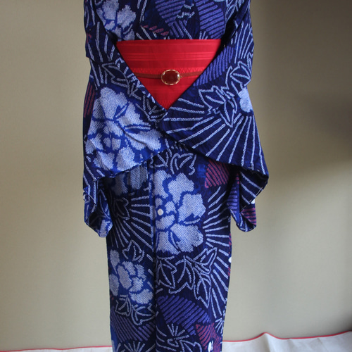 有松絞り 有松鳴海絞り 高級浴衣 青 花柄 牡丹柄 トールサイズ