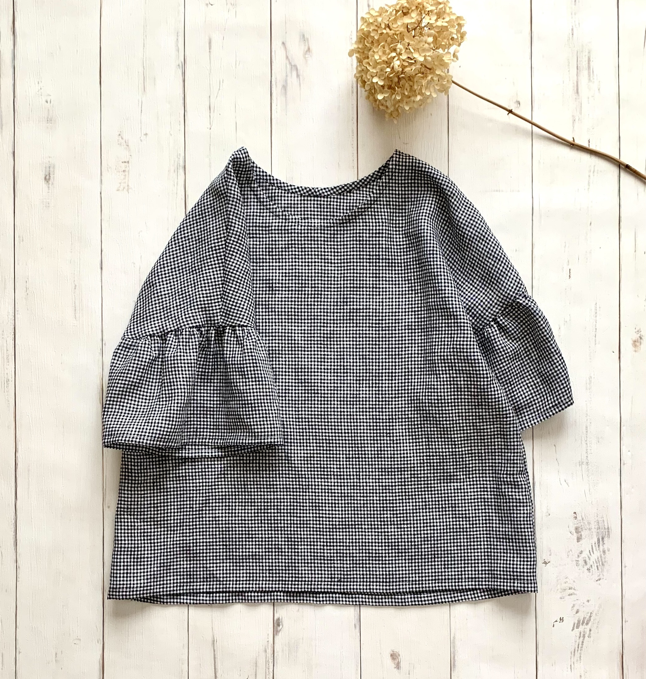 【夏限定】涼やかブラウス フレア袖　linen 100% * check  ※受注制作・2週間※