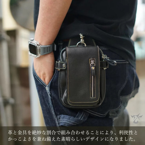 ベルトポーチ ウエストポーチ 本革 レザー ブラック 黒 メンズ スマホ