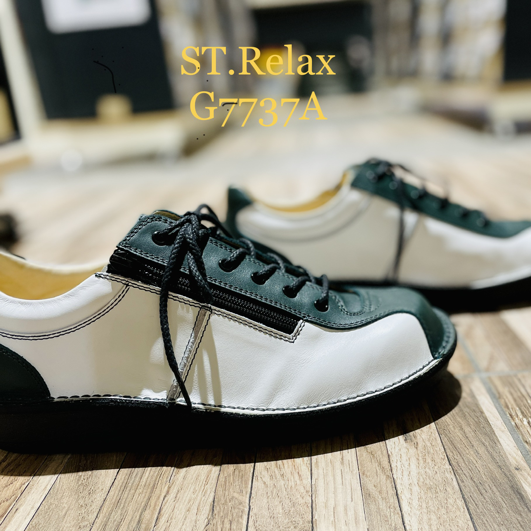 ◆体に優しいコンフォートシューズ／サイドファスナーシューズ／メンズ／G7737／グリーン＆ホワイト