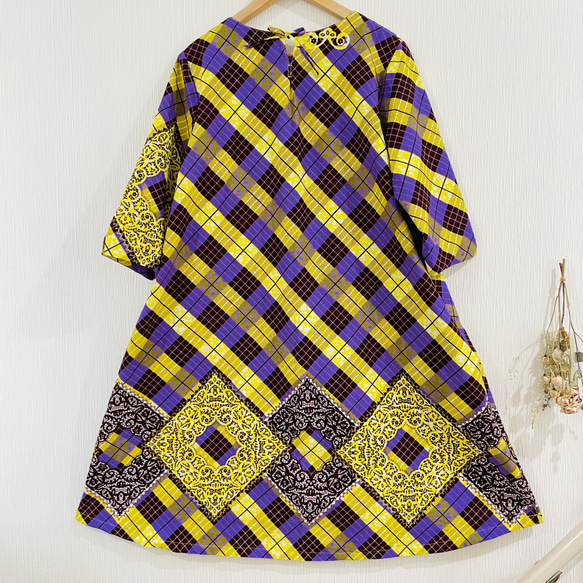 アフリカンプリント 風通しが良いゆったりデザイン「黄色＆紫」七分袖ワンピース　 12枚目の画像