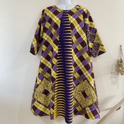 アフリカンプリント 風通しが良いゆったりデザイン「黄色＆紫」七分袖ワンピース　 7枚目の画像