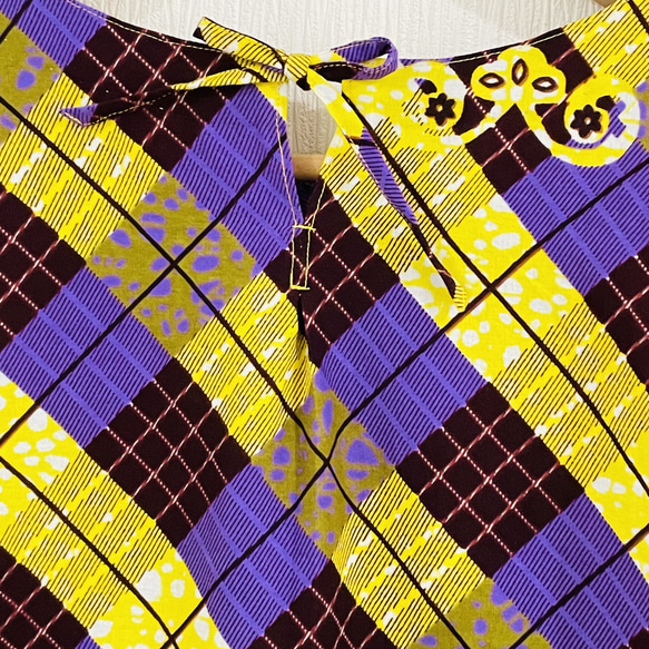 アフリカンプリント 風通しが良いゆったりデザイン「黄色＆紫」七分袖ワンピース　 10枚目の画像
