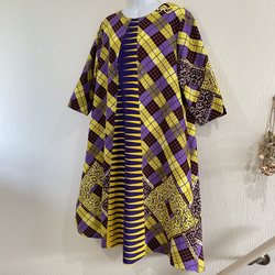 アフリカンプリント 風通しが良いゆったりデザイン「黄色＆紫」七分袖ワンピース　 8枚目の画像
