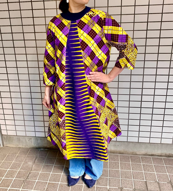 アフリカンプリント 風通しが良いゆったりデザイン「黄色＆紫」七分袖  
