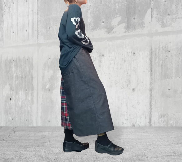 ブラックウォッシュデニム×タータンチェック　ミックス　アシンメトリーロングスカート 6枚目の画像