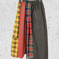 ブラックウォッシュデニム×タータンチェック　ミックス　アシンメトリーロングスカート 3枚目の画像