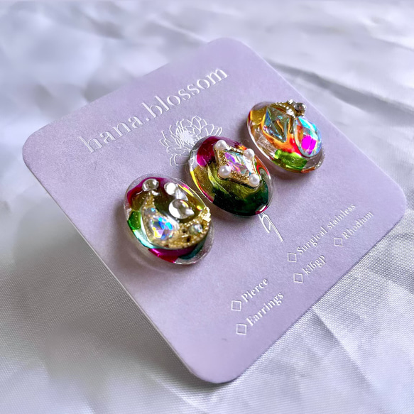 glass oval 3way watercolor Earrings 7枚目の画像