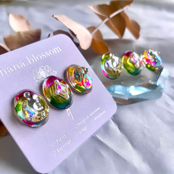 glass oval 3way watercolor Earrings 8枚目の画像