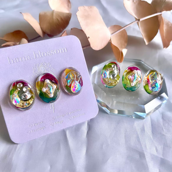 glass oval 3way watercolor Earrings 2枚目の画像