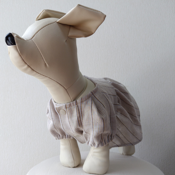 犬服・綿ダブルガーゼストライプ生地を使った小型犬サイズラグランスリーブワンピース 2枚目の画像