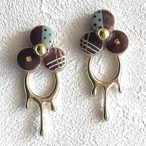 美濃焼】 チョコミント みたいな 手描き 2way ピアス イヤリング
