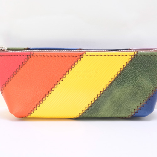 本革 レインボーペンケース（袋縫い） パッチワーク ペンケース 革の