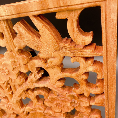 梅にうぐいす】喜上眉梢 25cm参次元彫刻『雅』 透かし彫 楠彫刻 その他