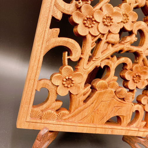 梅にうぐいす】喜上眉梢 25cm参次元彫刻『雅』 透かし彫 楠彫刻 その他