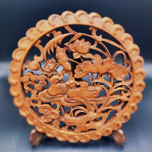 鴛鴦貴子 （おしどり・蓮・水草) 参次元彫刻『極』 （アンティーク調