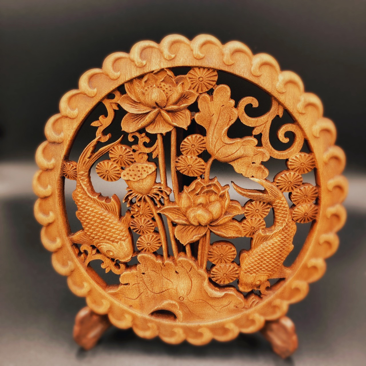 如意柘植材透かし彫り蓮蛙の図、仏教、佛具現品 突きつめ