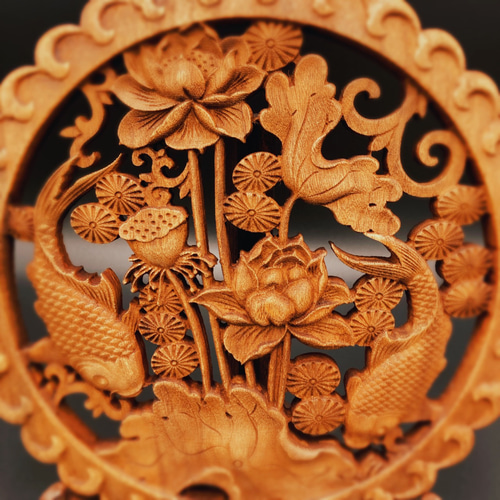 双魚戯蓮2 （鯉・蓮・水草) 参次元彫刻『極』 （アンティーク調