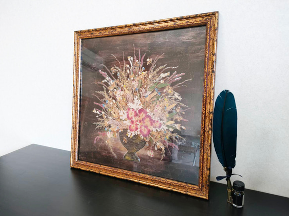 アンティーク調　押し花アート　額入り 「花いっぱいのおすそわけ」42.5cm×42.5cm 5枚目の画像