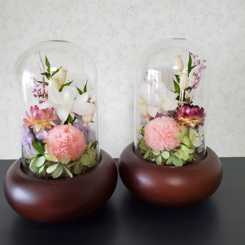 プリザーブドフラワー仏花対ガラスドーム大輪菊 仏花」ことね菊のガラスドーム プリザーブドフラワー＜受注制作