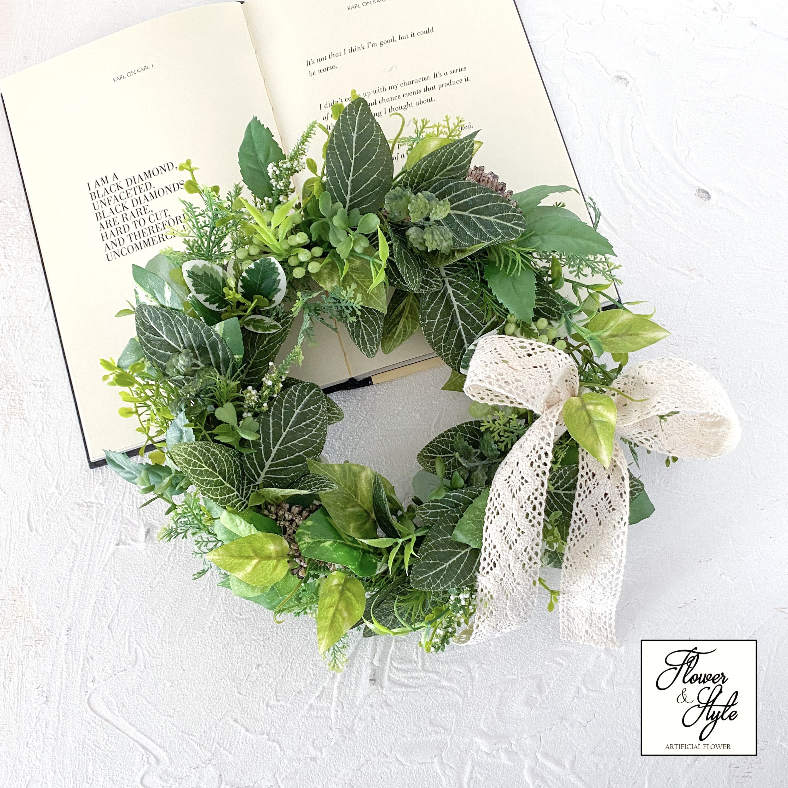 グリーンのリース　造花リース　アーティフィシャルフラワー　インテリア　プレゼント　インテリアグリーン