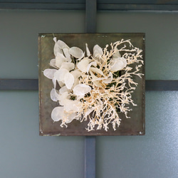 ドライフラワー ルナリアとシーブッシュの白い壁飾り・ブリキのアンティーク風ビンテージ加工フレーム／夏のインテリア 4枚目の画像