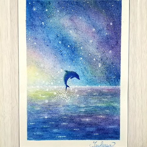 海とイルカのパステルアート 暁間近の天の川 パステル画原画