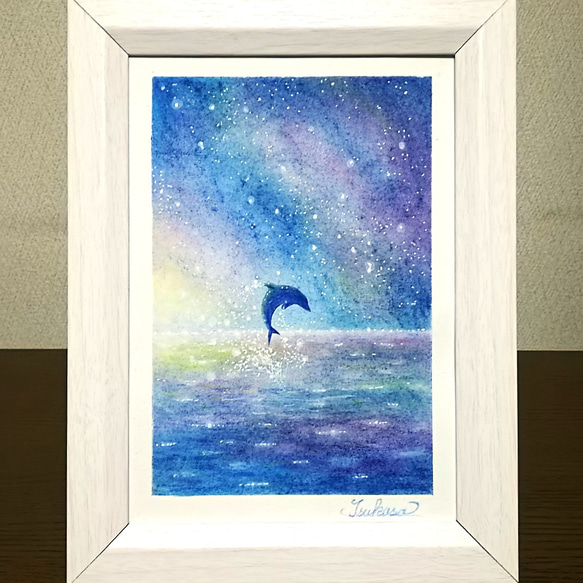 【予約】 海とイルカのパステルアート 暁間近の天の川 パステル画原画 絵画