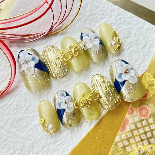 振袖ネイル◇色変更可◇サイズオーダー/イエローゴールド/ネイビー/紺  