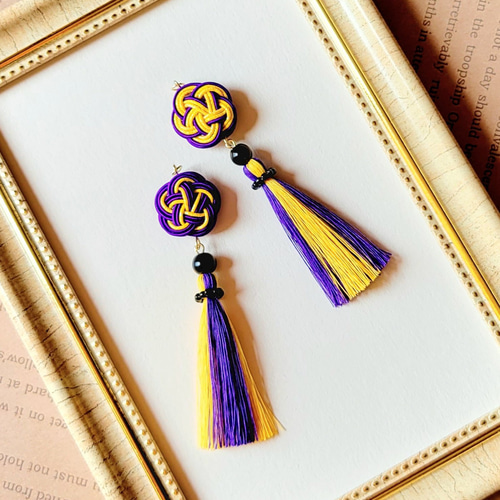 水引とミニタッセルのアシンメトリー耳飾り～ハロウィン ピアス