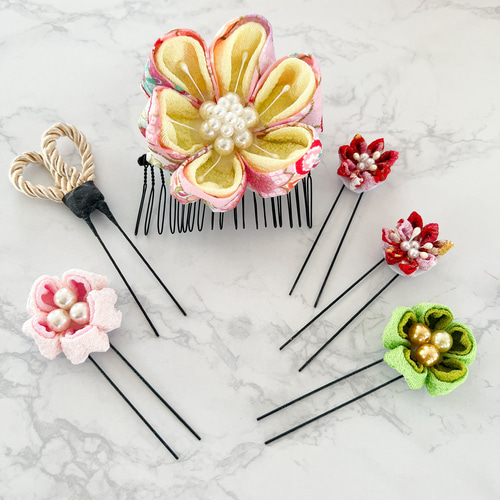 七五三髪飾り　ピンク　つまみ細工　成人式　和装　ai  （6 セット） つまみ細工髪飾り ピンク 和装髪飾り 成人式 結婚式 七五三 着物の髪