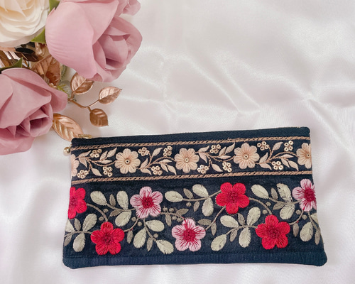 インド刺繍リボン】ハンドメイド ペンケース ポーチ ペンケース