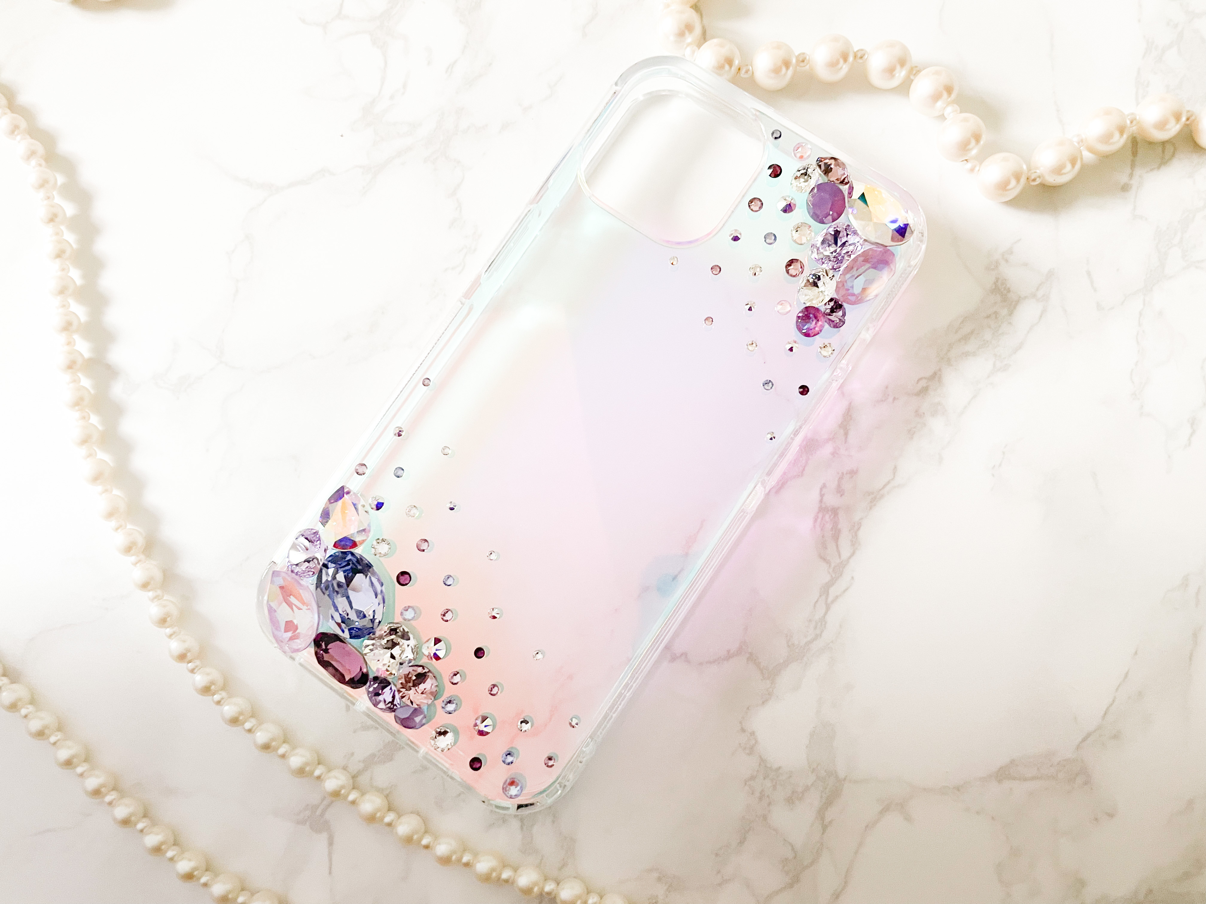 iPhone17pro,Max,16,15,14,13,他オーロラケース スワロフスキーパープルビジュー デコレーション