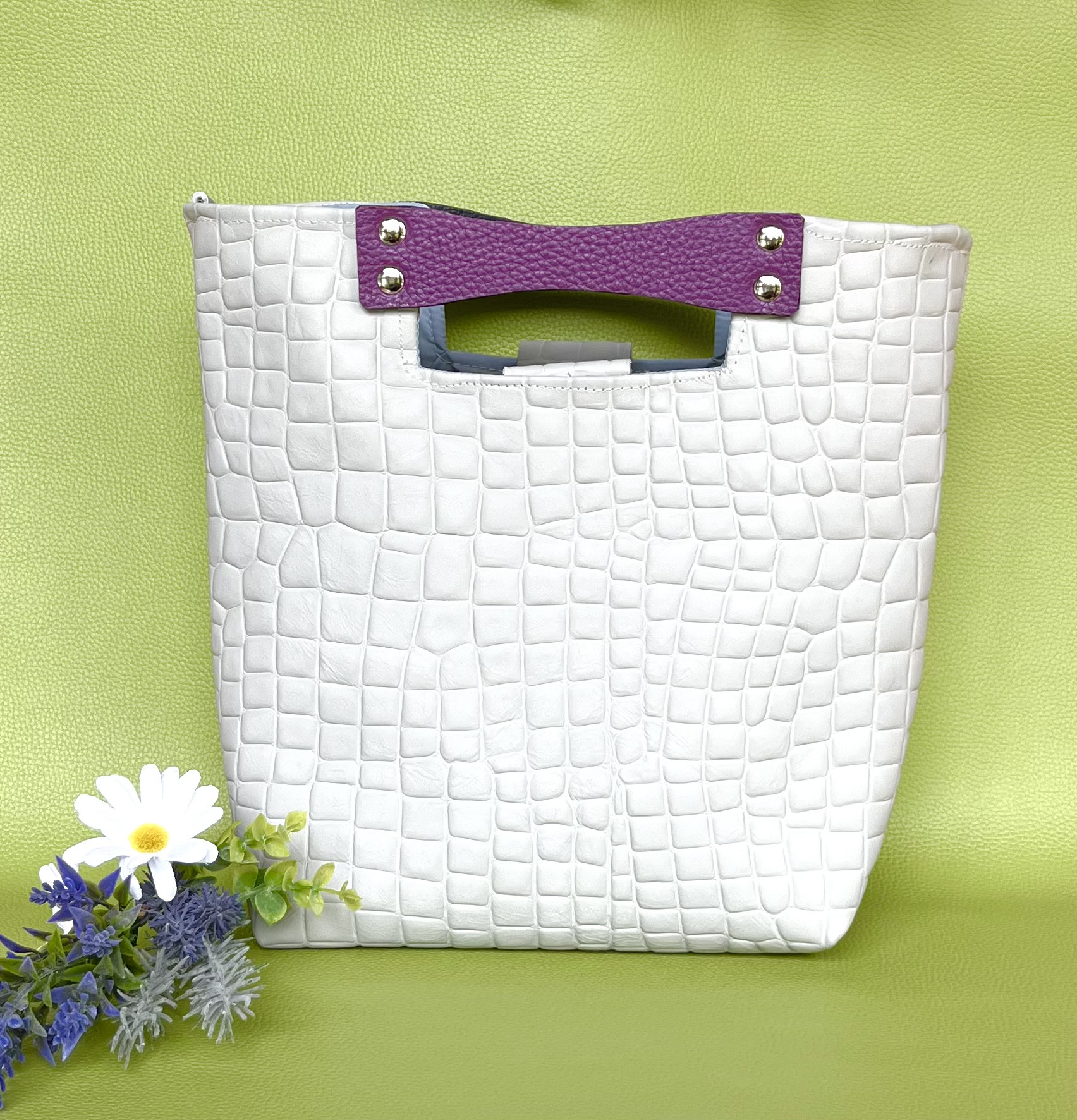 選べる持ち手 2WAY本革トートバッグ 石畳風バッグ ライトグレー 内側撥水生地 軽い たつのレザー ショルダーバッグ