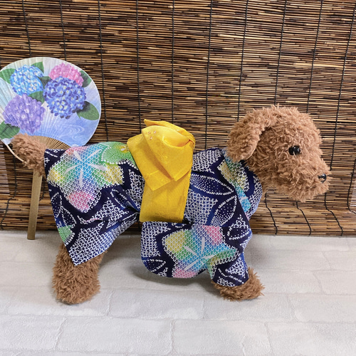 Sale!犬の浴衣✨犬用本格本染浴衣 茄子紺 M わんこ浴衣 犬の浴衣✨犬用本格本染浴衣 ターコイズブルー×サーモンピンク