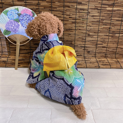 Sale!犬の浴衣✨犬用本格本染浴衣 茄子紺 M わんこ浴衣 犬の浴衣✨犬用本格本染浴衣 ターコイズブルー×サーモンピンク