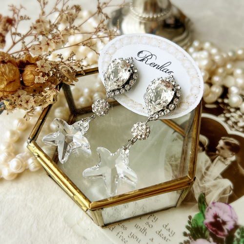 ヒトデ・スワロフスキー大ぶりピアス【夏・海・ウェディング・リゾート