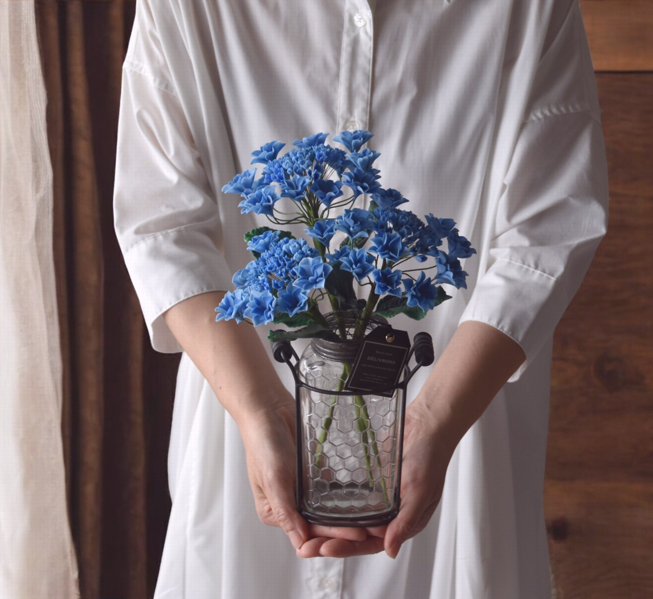 ◆粘土のお花◆ ガクアジサイ　 アイアンボトル…A824