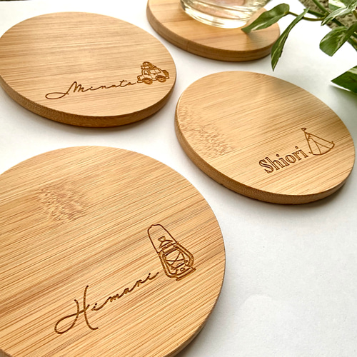 名入れ 6種のキャンプイラスト竹製コースター（丸） 席札 レーザー彫刻