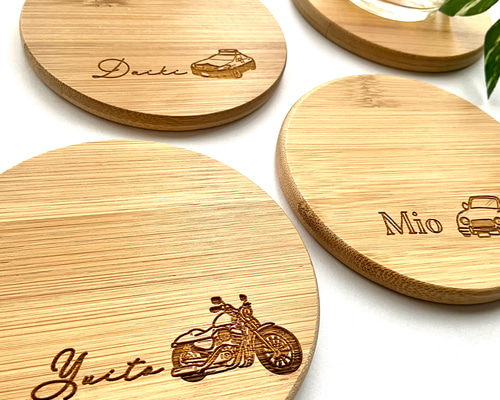 名入れ 6種の乗り物イラスト竹製コースター（丸） 席札 レーザー彫刻