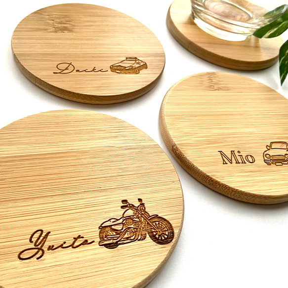 名入れ 6種の乗り物イラスト竹製コースター（丸） 席札 レーザー彫刻