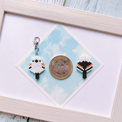 両面仕様】シマエナガ ビーズステッチ 小鳥 チャーム ストラップ