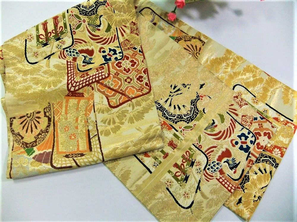 【(16)1613】194cm/昭和初期の丸帯からリメイク/御所車文/テーブルランナー・タペストリー等